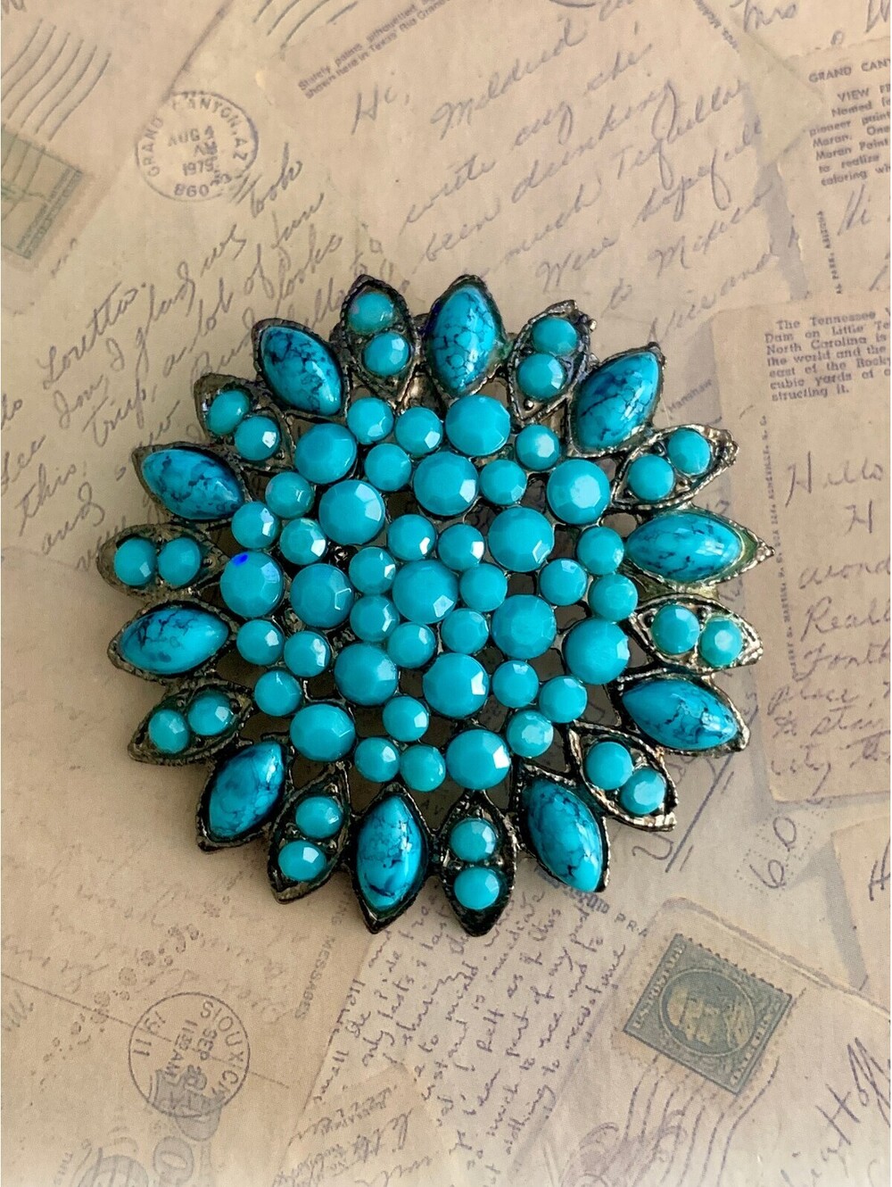 Vintage Bright Turquoise Floral Sunburst Brooch Pin with Vintage Charm